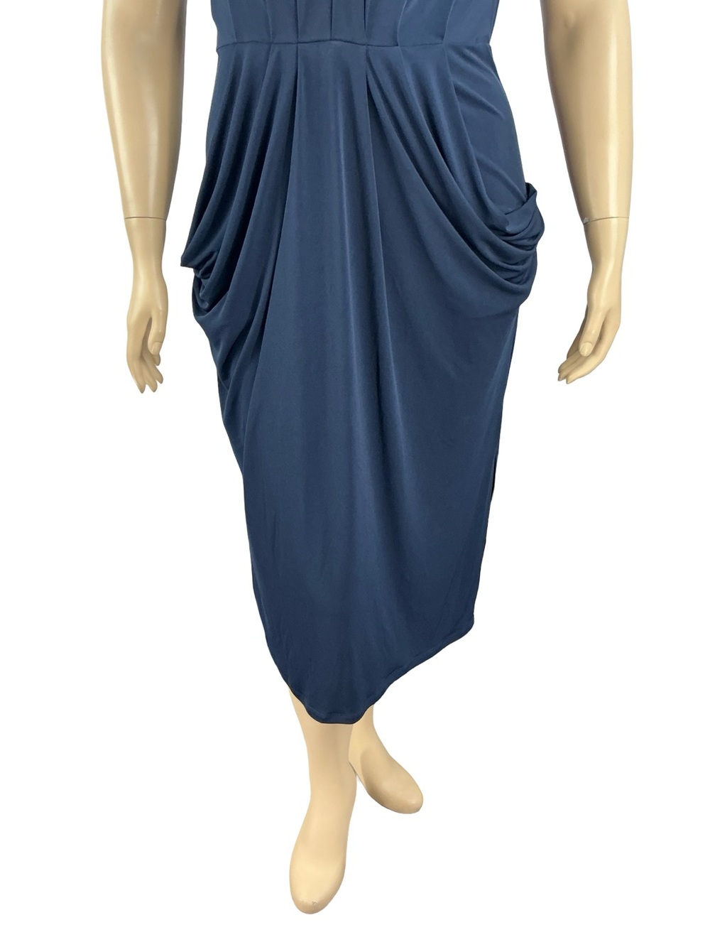BCBGeneration Faux-Wrap Midi Dress Navy Cocktail Wedding Guest Size L - Picture 4 of 8